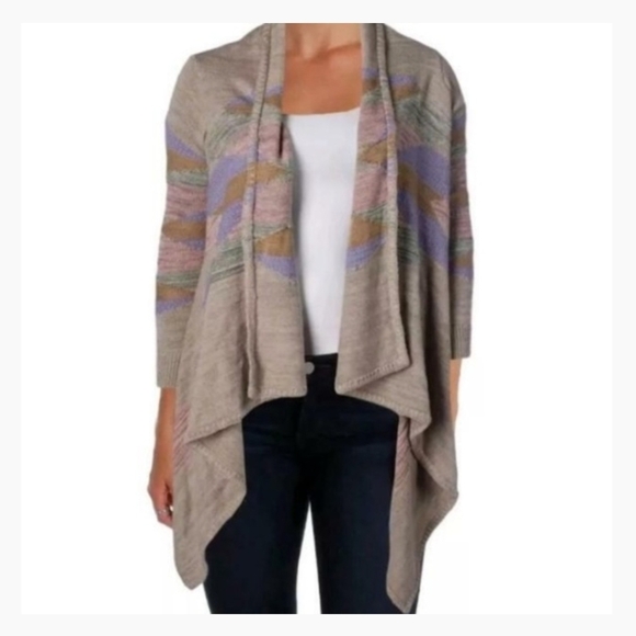 Lauren Ralph Lauren Taupe Tribal Print Southwest Waterfall Wool Draped Cardigan - Picture 2 of 5